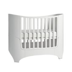 a white crib with four rails on the bottom and one in the middle, against a white background