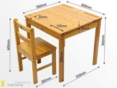 a wooden table and two chairs with measurements for each chair in front of the table