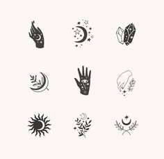 six different hand symbols are shown in black and white, with the moon above them