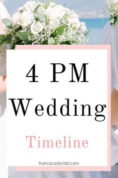 a man and woman standing next to each other with flowers in front of the words 4 pm wedding time