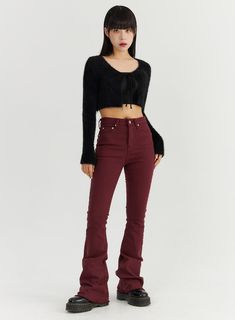 slim-fit-bootcut-pants-co319 / Dark red Trendy Slim Fit Winter Pants, Fitted Elastane Bottoms For Winter, Tight Elastane Pants For Winter, Tight Winter Elastane Pants, Winter Elastane Tight Pants, Trendy Slim Fit Pants For Fall, Fitted Elastane Pants For Winter, Trendy Fitted Pants For Winter, Winter Fitted Elastane Pants