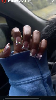 Cute Nails Acrylic Silver, Short Acrylic Nails Aesthetic, Short White Nails With Charms, Gem Nails Short, Acrylic Nails Shorties, Pink Blinged Out Nails, Real Nails Manicure, Gems On Nails, Blinged Out Nails Rhinestones