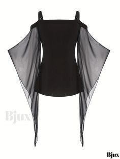 Bjux - Effortless Elegance: Womens Solid Cold Shoulder Top with Mesh Stitching Sleeves, Perfect for Spring & Fall Gothic Evening Tops For Summer, Gothic Summer Evening Tops, Summer Evening Gothic Tops, Gothic Sheer Tops For Party, Gothic Sheer Top For Party, Fitted Gothic Blouse For Summer, Gothic Stretch Tops For Summer, Fall Care, Effortless Elegance