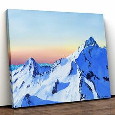 a painting of snow covered mountains at sunset