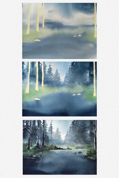 three watercolor paintings with trees and clouds in the background, one is blue and green