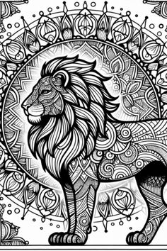 a black and white drawing of a lion with intricate patterns on it's body