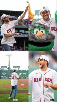 some baseball players and mascots on the field