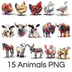 an image of animals with christmas lights on their body and head in different positions, all standing together