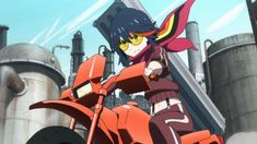 an anime character is riding on a motorcycle