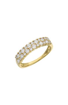 Two rows of 13 round-cut diamonds glisten atop this stunningly elegant ring handcrafted in 18-karat gold. 1/4" band width Total diamond weight: 0.67ct. Color: G Clarity: VS 18k gold/diamond Imported >Diamond Guide Luxury Cluster Yellow Gold Diamond Ring, Yellow Gold Diamond Ring With Brilliant Cut Cluster, Dazzling Baguette Cut Diamond Ring With Pave Setting, Dazzling Round Cut Half Eternity Diamond Ring, Yellow Gold Diamond Ring With Pave Setting, Baguette Cut, Dazzling Half Eternity Diamond Ring For Formal Occasions, Classic Diamond Cluster Ring With Half Eternity, Dazzling Yellow Gold Diamond Ring, Elegant Half Eternity Cluster Ring