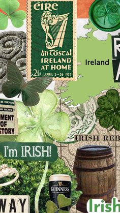 the collage is made up of many different things in green and orange colors, including irish symbols