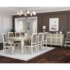 a dining room table and chairs in front of a window