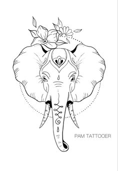 an elephant with flowers on it's head and the words pam tattooer above it