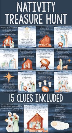 a nativity poster with pictures of the birth of jesus