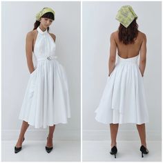 Vintage 80's THIERRY MUGLER Halter Dress / Tuxedo Neckline / Backless / White Cotton Pique / Wrap Style / Pockets / Made in France - Etsy White Formal Halter Dress For Summer, White Summer Formal Halter Dress, Summer Formal White Halter Dress, White Halter Dress For Summer Formal, Chic Fitted Cotton Halter Dress, White Cotton Halter Neck Dress, Dress Tuxedo, White Halter Dress, Mode Crochet