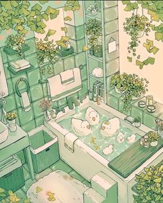 an illustration of a bathroom with bathtub, sink and plants on the wall above it