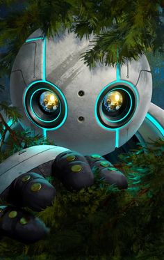 an image of a robot with glowing eyes in the forest by some plants and trees