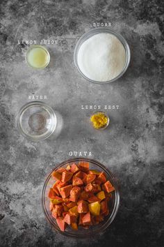 ingredients to make sweet potato casserole laid out in bowls on a gray surface