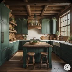 an image of a kitchen setting with green cabinets and stools on the counter top