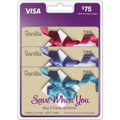 three different colored bows with the words save when you buy 3 cards at $ 75