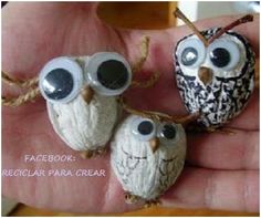 three little owls are sitting on the palm of someone's hand while they look like they have googly eyes