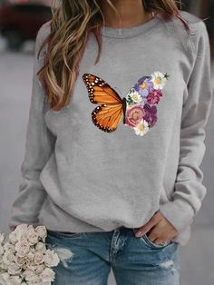 Flower Butterfly Print Long Sleeve Sweatshirt for Women Long Sleeve Tops With Butterfly Print For Fall, Gray Crew Neck Sweatshirt For Spring, Spring Long-sleeve Tops With Butterfly Print, Spring Long Sleeve Tops With Butterfly Print, Spring Butterfly Print Long Sleeve Tops, Gray Letter Print Sweatshirt For Spring, Spring Crew Neck Top With Butterfly Print, Trendy Teen Fashion, Vintage Dragonfly