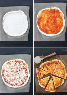 four different stages of how to make pizza