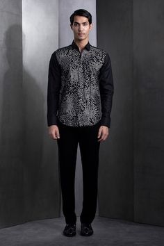 Black cotton shirt with all over geometric pattern and contrast silk thread hand embroidery. - Aza Fashions Designer Embroidered Black Shirt, Designer Black Embroidered Shirt, Black Embroidered Shirt For Formal Occasions, Formal Black Embroidered Shirt, Festive Fitted Shirt For Semi-formal Occasions, Festive Fitted Semi-formal Shirt, Designer Long Sleeve Festive Shirt, Festive Cotton Formal Top, Formal Festive Cotton Tops