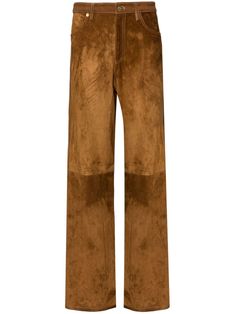 Wide leg trousers in tobacco brown suede from Golden Goose with high waist, 5 pockets, tone-on-tone corduroy inserts, Star detail on the back. Brown Suede Pants, Suede Trousers, Collage Elements, Versace Designer, Straight Clothes, Winter Inspo, Suede Pants, Leather Pant, Fashion Collage