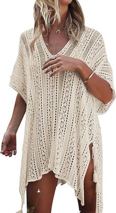 Color: Beige Crochet Bathing Suit Cover, Knit Beach Dress, Crochet Bathing Suits, Crochet Cover, Gilet Long, Bathing Suit Covers, Bathing Suit Cover Up, Summer Swim Suits, Swimsuit Cover Ups