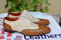 Crafted Leather Brown Beige Leather Oxford Wingtip Shoes, Bespoke Handmade Men Classic Dress Shoes on Storenvy Quality Leather Boots, Wingtip Oxford Shoes, Wingtip Shoes, Custom Design Shoes, Men Classic, Beige Style, Classic Dress, Brown Beige, Shoes Men