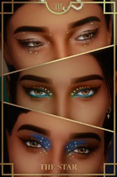 three different images of the face of a woman with blue eyes and gold trimmings