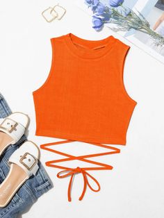 Black Round Neck Plain Lace Up Waist Sleeveless Tank Top With Medium Stretch Orange Tank Top Outfit, Tank Top Outfit, Orange Tank Top, Slim Fit Top, Top Shirt Women, Orange Top, Slim Fit Shorts, Print Crop Tops, Round Neck Tops