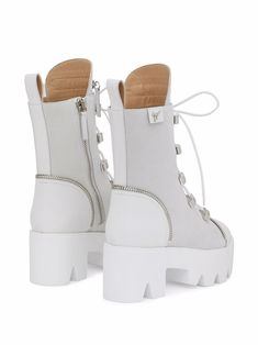 White leather Juliett platform lace-up boots from Giuseppe Zanotti featuring decorative zip detailing, round toe, pull-tab at the heel, front lace-up fastening, side zip fastening, platform sole and ridged rubber sole. | Giuseppe Zanotti Juliett platform lace-up boots Luxury White Lace-up Boots, Leather Platform Boots With Zipper Closure, Leather Lace-up Platform Boots With Zipper, Leather Lace-up Platform Boots With Zipper Closure, White High Ankle Lace-up Boots With Platform, White High-top Combat Boots With Platform, High-top Leather Lace-up Boots, White Leather Heeled Boots With Zipper, Leather Heeled Lace-up Boots