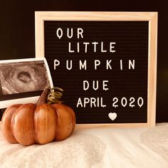 two pumpkins sitting next to a sign that says our little pumpkin due apr 20