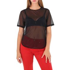 Wolford Ladies Tops. Fashion category: Shirts & Blouses. SKU: 52677-7005. Color: Black. Wolford Ladies Black Loose Fit Tulle Shirt. A Wolford shirt with a lightweight and loose-fitting tulle featuring a longer-cut back, loose fit, short sleeves and decollete and seams trimmed with tulle. Materials: 81% Polyamide, 19% Elastane. Made in Austria. Black Polyamide Tops For Night Out, Stretch Black Tops For Daywear, Sheer Stretch Tops For Work, Casual Sheer Stretch Blouse, Casual Stretch Sheer Blouse, Black Stretch Polyamide Tops, Sheer Tops For Summer Workwear, Sheer Short Sleeve Tops For Evening, Sheer Casual Blouse For Night Out