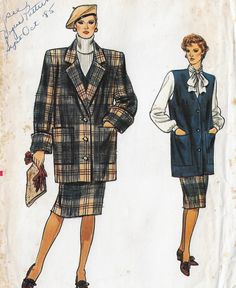 a woman's coat and skirt pattern from the 1950's is shown in this image