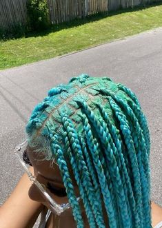 Teal And Blonde Braids, Light Blue Knotless Braids, Mint Green Hair Black Women, Blue Braids Black Women, Blue And Green Braids, Teal Box Braids, Braids With Color For Black Women