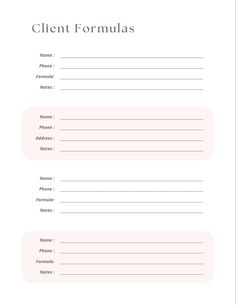 Printable Salon Formula organizer. Save this file and print as many pages as you need! Keep your hair color formulations organized for your clients. This is customizable for any colors or words you would like, just send me a message! Hair Color Consent Form, Beauty Salon Consultation Form, Hair Extensions Consultation Form, Client Consultation Forms Salon Hair, Hairstylist Client Record, Esthetician Ideas, Color Formulations, Business Aesthetic, Career Path