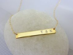 gold initial-nameplate necklace. $45, via Etsy.com Minimalist Gold Nameplate Bar Necklace, Minimalist Gold Bar Necklace With Name, Gold Rectangular Bar Necklace With Name, Gold Bar Necklace Personalized, Bar Necklace Gold, Stony Brook, Necklace Name, Bar Necklace Personalized, Family Jewels