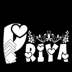 the word riva written in black and white with hearts, flowers, and leaves