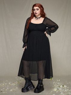 Black Elegant Collar Long Sleeve Woven Fabric Plain A Line Embellished Slight Stretch  Women Plus Clothing Plus Size Goth Dress, Plus Size Witch Fashion, Punk Plus Size, Goth Plus Size, Casual Goth, Apple Body Shapes, Simple Wardrobe, Black Clothes