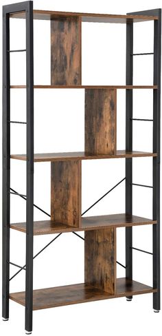 a bookcase with four shelves and metal bars on the bottom, one shelf is made out of wood