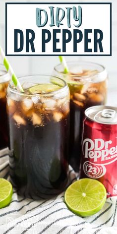 three glasses filled with soda and limes on top of a striped towel next to two cans