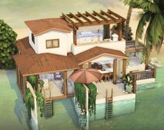 an artist's rendering of a house on stilts in the water with palm trees