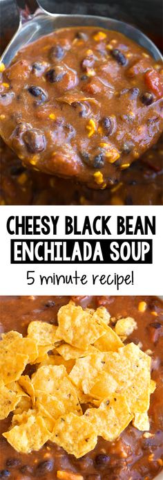 three different views of cheesey black bean enchilada soup with tortilla chips