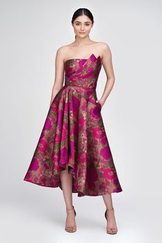 Jacquard strapless high low cocktail dress with fan bodice detail. Theia Couture, High Low Cocktail Dress, Strapless Neckline, Long Sleeve Gown, Column Gown, Dress Rental, Midi Cocktail Dress, Floral Jacquard, Dress The Population