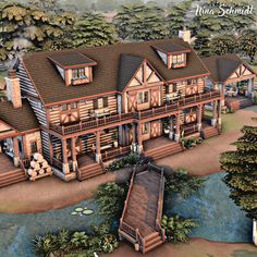 an artist's rendering of a log cabin style home with porches and balconies