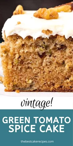 a slice of green tomato spice cake with white frosting and walnuts on top