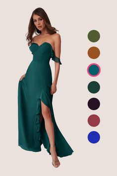 a woman in a long green dress with different color options for the colors and size